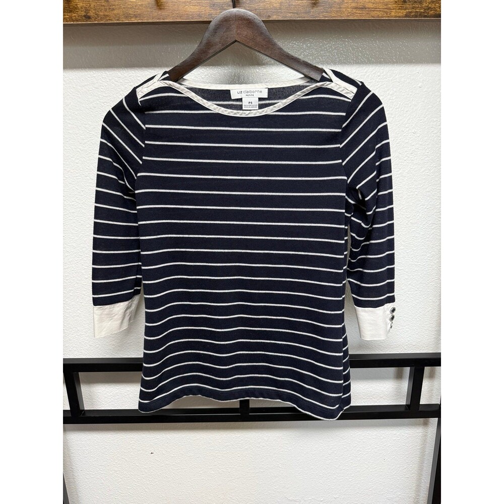 Liz Claiborne 3/4 sleeve striped women’s top elegant top navy and white
